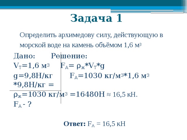 Определите архимедову силу действующий