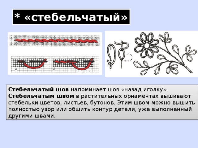 Стежки применяемые для обработки контура рисунка который выполнен швом машинная строчка