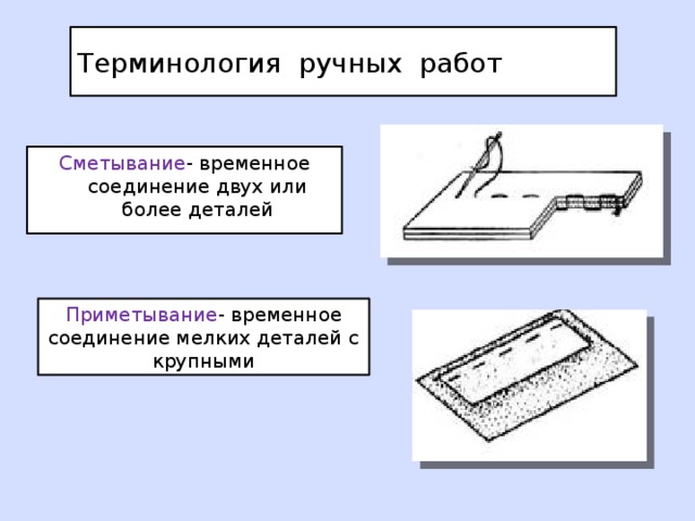 Терминология ручных работ Сметывание - временное соединение двух или более деталей Приметывание - временное соединение мелких деталей с крупными 