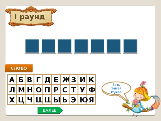 I раунд Л Е Б Е Д Е В СЛОВО Б А Г Д Е Ж З И К В Нет такой буквы Есть такая буква Н У Л О Ф М Т С Р П Ц Ч Э Ы Ь Я Ю Ш Х Щ ДАЛЕЕ 