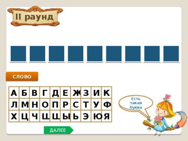 II раунд В Н Ч Е С Т Е Р И СЛОВО Ж К И З В Е Д Г А Б Нет такой буквы Есть такая буква Н У М О Ф Л Т С Р П Ц Ч Э Ы Ь Я Ю Ш Х Щ ДАЛЕЕ 