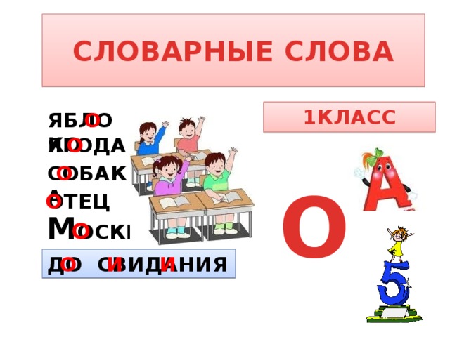 СЛОВАРНЫЕ СЛОВА 1КЛАСС ЯБЛОКО О О ЯГОДА СОБАКА О О ОТЕЦ О М ОСКВА О ДО  СВИДАНИЯ О И И  