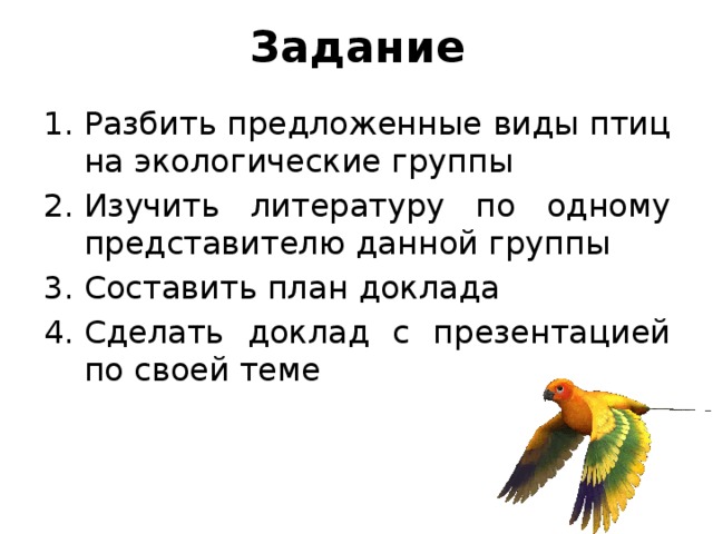 Задание Разбить предложенные виды птиц на экологические группы Изучить литературу по одному представителю данной группы Составить план доклада Сделать доклад с презентацией по своей теме 