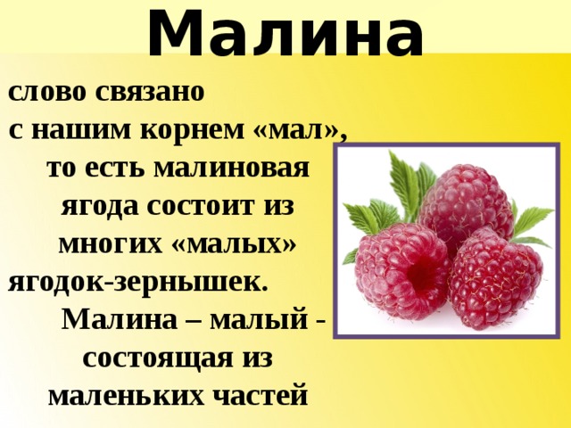 Прочитай слово ягода. Ягода малины состоит из. Малина текст. Маленький текст о Малине. Этимология слова малина.