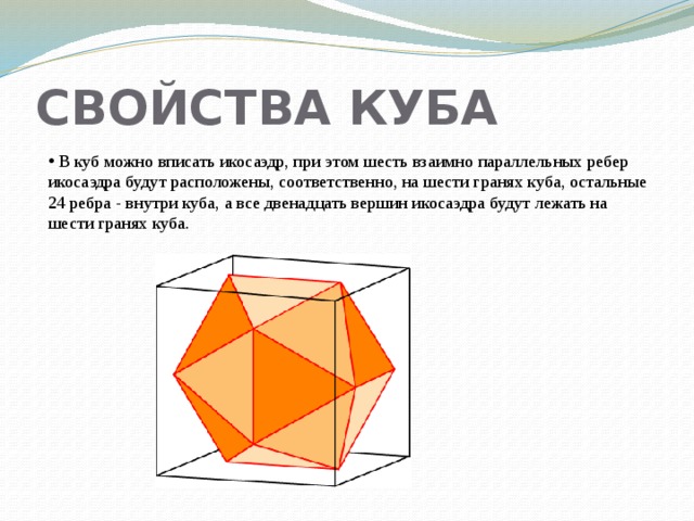 СВОЙСТВА КУБА  В куб можно вписать икосаэдр, при этом шесть взаимно параллельных ребер икосаэдра будут расположены, соответственно, на шести гранях куба, остальные 24 ребра - внутри куба, а все двенадцать вершин икосаэдра будут лежать на шести гранях куба. 