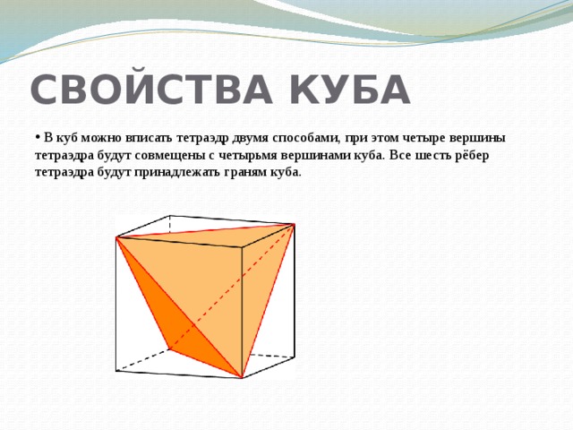 СВОЙСТВА КУБА  В куб можно вписать тетраэдр двумя способами, при этом четыре вершины тетраэдра будут совмещены с четырьмя вершинами куба. Все шесть рёбер тетраэдра будут принадлежать граням куба. 
