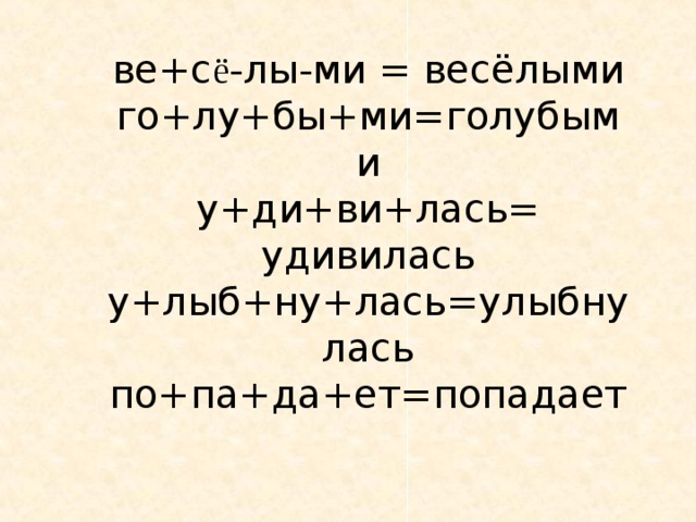 ве+с ё -лы-ми = вес ё лыми го+лу+бы+ми=голубыми у+ди+ви+лась= удивилась у+лыб+ну+лась=улыбнулась по+па+да+ет=попадает 