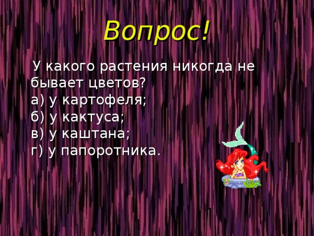 Вопрос!  У какого растения никогда не бывает цветов?  а) у картофеля;  б) у кактуса;  в) у каштана;  г) у папоротника. 