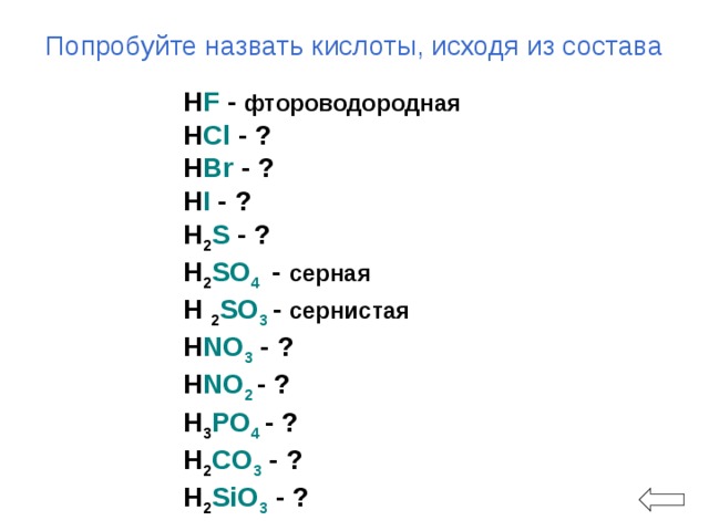 Попробуйте назвать кислоты, исходя из состава H F - фтороводородная H Cl - ? H Br - ? H I - ? H 2 S - ? H 2 SO 4  - серная H 2 SO 3  - сернистая Н NO 3 - ? H NO 2  - ? H 3 PO 4  - ? H 2 CO 3 - ? H 2 SiO 3 - ? 