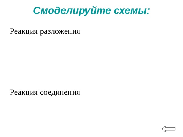 Смоделируйте схемы: Реакция разложения Реакция соединения 