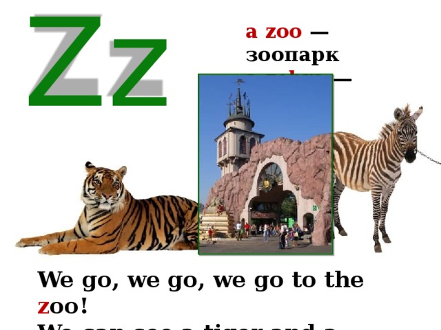 a zoo — зоопарк a zebra — зебра Zz We go, we go, we go to the z oo! We can see a tiger and a z ebra, too. 