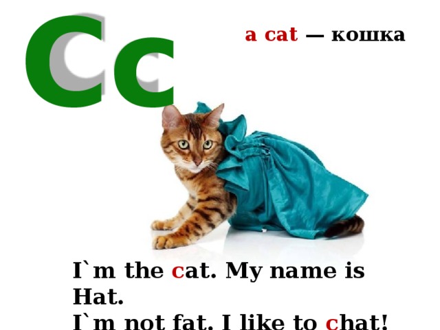 a cat — кошка Cc I`m the c at. My name is Hat. I`m not fat. I like to c hat! 