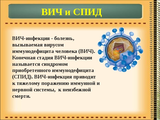 ВИЧ и СПИД ВИЧ-инфекция - болезнь, вызываемая вирусом иммунодефицита человека (ВИЧ). Конечная стадия ВИЧ-инфекции называется синдромом приобретенного иммунодефицита (СПИД). ВИЧ-инфекция приводит к тяжелому поражению иммунной и нервной системы, к неизбежной смерти. 