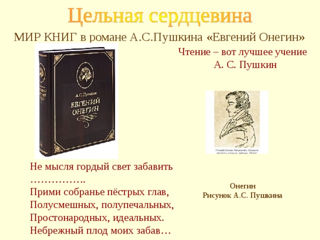 МИР КНИГ в романе А.С.Пушкина «Евгений Онегин» Чтение – вот лучшее учение  А. С. Пушкин Не мысля гордый свет забавить …………… . Прими собранье пёстрых глав, Полусмешных, полупечальных, Простонародных, идеальных. Небрежный плод моих забав… Онегин Рисунок А.С. Пушкина