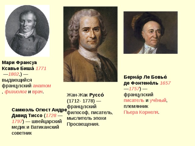 Мари Франсуа Ксавье Биша́  1771  — 1802 ,) — выдающийся французский анатом , физиолог и врач . Берна́р Ле Бовье́ де Фонтене́ль  1657 — 1757 ) — французский писатель и учёный , племянник Пьера Корнеля . Руссо́ Самюэль Огюст Андре Давид Тиссо ( 1728 — 1797 ) — швейцарский медик и Ватиканский советник