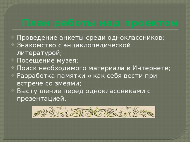 План работы над проектом Проведение анкеты среди одноклассников; Знакомство с энциклопедической литературой; Посещение музея; Поиск необходимого материала в Интернете; Разработка памятки « как себя вести при встрече со змеями; Выступление перед одноклассниками с презентацией. 