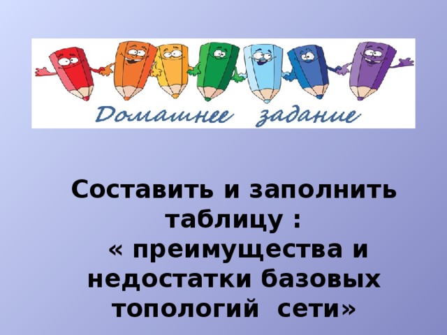 Составить и заполнить таблицу :  « преимущества и недостатки базовых топологий сети» 