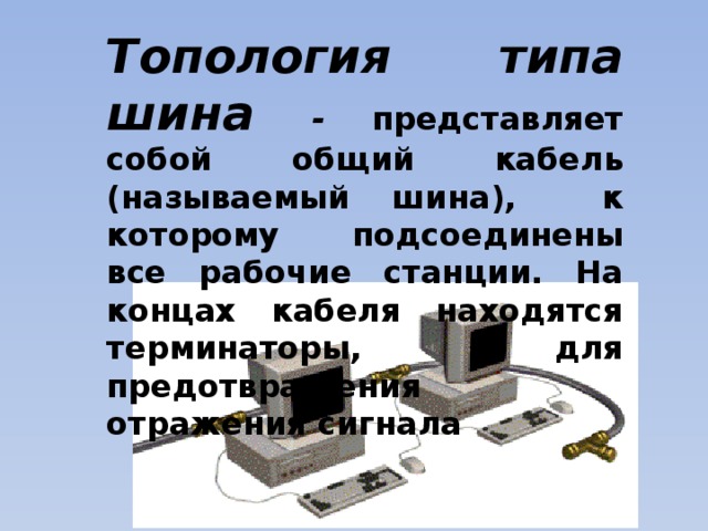 Топология типа шина - представляет собой общий кабель (называемый шина), к которому подсоединены все рабочие станции. На концах кабеля находятся терминаторы, для предотвращения отражения сигнала 