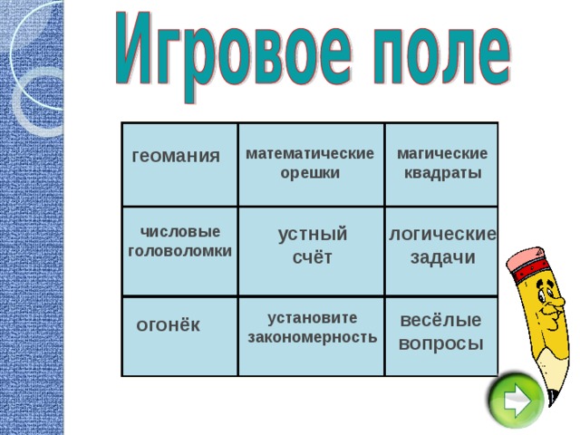 магические квадраты геомания математические орешки числовые головоломки устный счёт логические задачи установите закономерность весёлые вопросы огонёк 