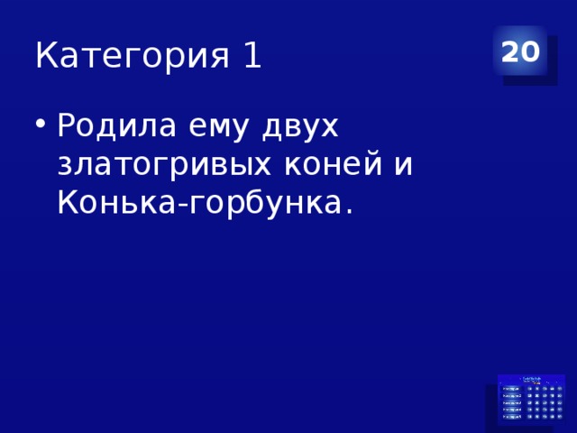 Категория 1 20 Родила ему двух златогривых коней и Конька-горбунка. 