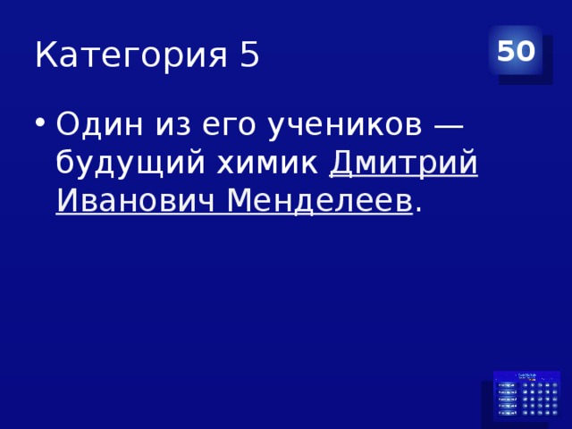 Категория 5 50 Один из его учеников — будущий химик Дмитрий Иванович Менделеев . 