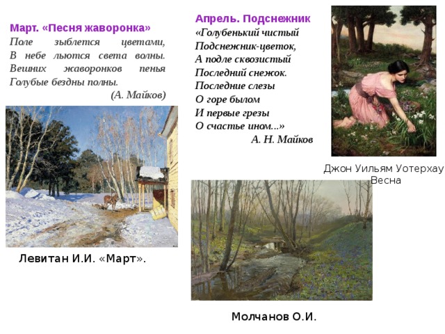 Апрель. Подснежник «Голубенький чистый  Подснежник-цветок,  А подле сквозистый  Последний снежок.  Последние слезы  О горе былом  И первые грезы  О счастье ином...»             А. Н. Майков Март. «Песня жаворонка» Поле зыблется цветами,  В небе льются света волны.  Вешних жаворонков пенья  Голубые бездны полны.                                 (А. Майков) Джон Уильям Уотерхаус Весна Левитан И.И. «Март».  Молчанов О.И. 