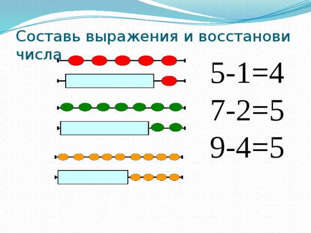 Составь выражения и восстанови числа 5-1=4 7-2=5 9-4=5 
