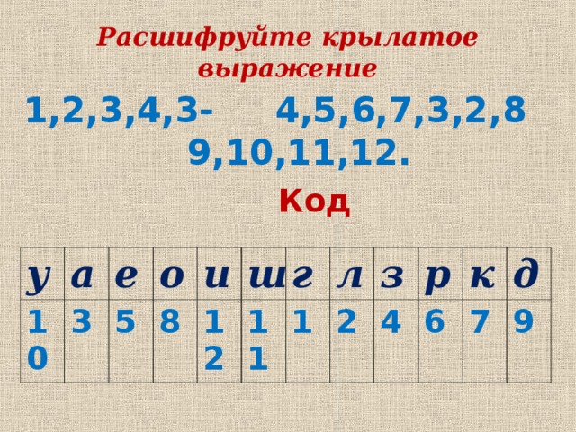 Расшифруйте крылатое выражение 1,2,3,4,3- 4,5,6,7,3,2,8 9,10,11,12.  Код  у а 10 е 3 о 5 и 8 12 ш г 11 л 1 з 2 4 р к 6 д 7 9 