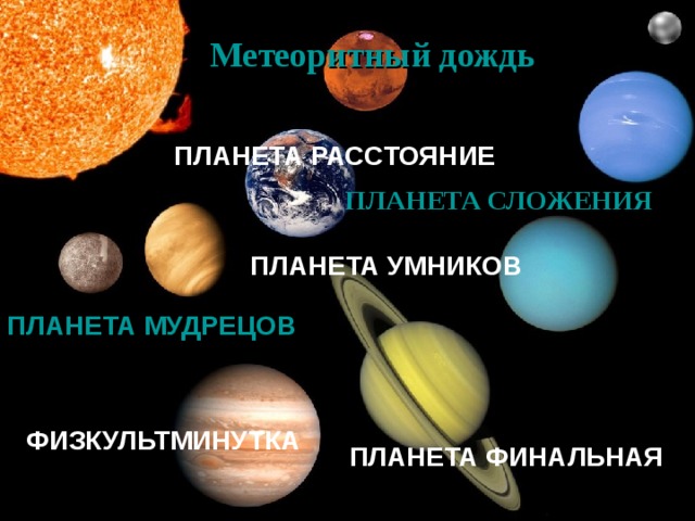 Метеоритный дождь ПЛАНЕТА РАССТОЯНИЕ ПЛАНЕТА СЛОЖЕНИЯ ПЛАНЕТА УМНИКОВ ПЛАНЕТА  МУДРЕЦОВ ФИЗКУЛЬТМИНУТКА ПЛАНЕТА ФИНАЛЬНАЯ 