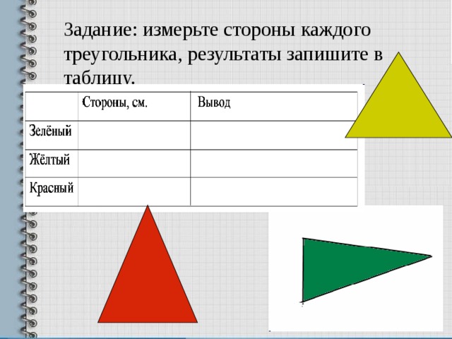 Задание: измерьте стороны каждого треугольника, результаты запишите в таблицу. 
