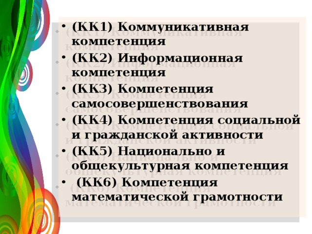 (КК1) Коммуникативная компетенция (КК2) Информационная компетенция (КК3) Компетенция самосовершенствования (КК4) Компетенция социальной и гражданской активности (КК5) Национально и общекультурная компетенция  (КК6) Компетенция математической грамотности  