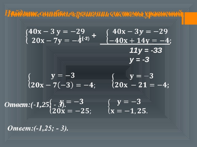 Найдите ошибки в решении системы уравнений.            Ответ:(-1,25; - 3).  + ∙ (-2 ) 11y = -33 y = -3 