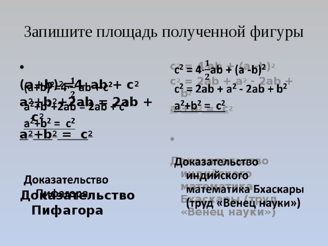Запишите площадь полученной фигуры   c 2 = 4  ab + (a -b) 2     c 2 = 2ab + a 2 - 2ab + b 2 (a+b) 2 =4  ab + c 2 a 2 +b 2 +2ab = 2ab + c 2 a 2 +b 2 = c 2 a 2 +b 2 = c 2       Доказательство индийского математика Бхаскары (труд «Венец науки») Доказательство Пифагора  