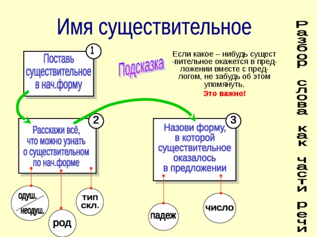 Если какое – нибудь сущест -вительное окажется в пред- ложении вместе с пред- логом, не забудь об этом упомянуть. Это важно! 