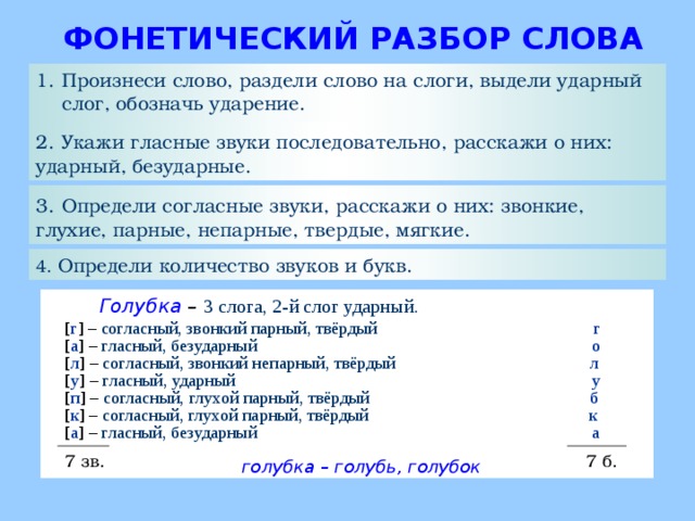 ФОНЕТИЧЕСКИЙ РАЗБОР СЛОВА Произнеси слово, раздели слово на слоги, выдели ударный слог, обозначь ударение. 2.  Укажи гласные звуки последовательно, расскажи о них: ударный, безударные. 3.  Определи согласные звуки, расскажи о них: звонкие, глухие, парные, непарные, твердые, мягкие. 4. Определи количество звуков и букв. Голубка – 3 слога, 2-й слог ударный. [ г ] – согласный, звонкий парный, твёрдый  г [ а ] – гласный, безударный  о [ л ] – согласный, звонкий непарный, твёрдый  л [ у ] – гласный, ударный  у [ п ] – согласный, глухой парный, твёрдый  б [ к ] – согласный, глухой парный, твёрдый  к [ а ] – гласный, безударный  а 7 зв. 7 б. голубка – голубь, голубок  