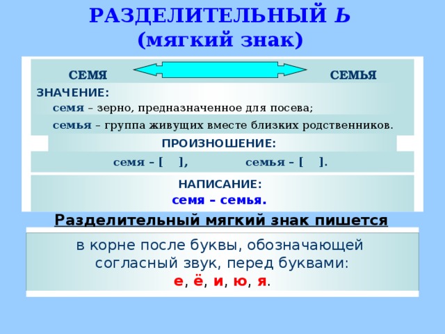 РАЗДЕЛИТЕЛЬНЫЙ Ь  (мягкий знак)  семя – зерно, предназначенное для посева; семья – группа живущих вместе близких родственников. СЕМЯ СЕМЬЯ ЗНАЧЕНИЕ:   ПРОИЗНОШЕНИЕ: семя – [  ] , семья – [  ] . НАПИСАНИЕ: семя – семья. Разделительный мягкий знак пишется в корне после буквы, обозначающей согласный звук, перед буквами: е , ё , и , ю , я .  