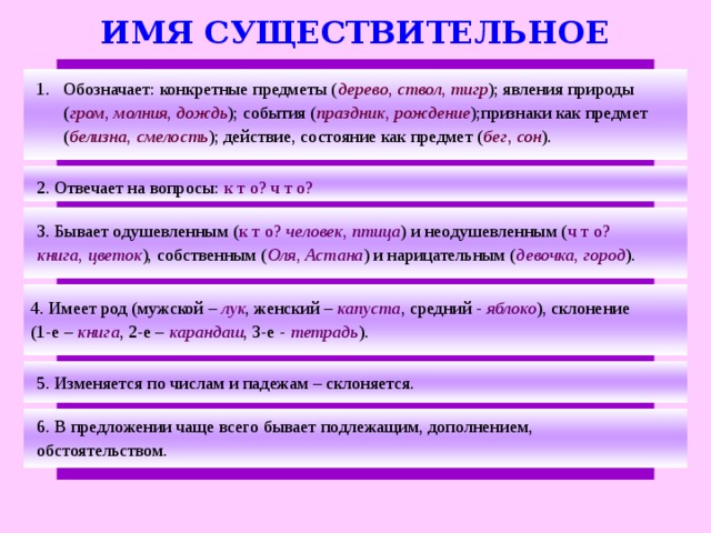 ИМЯ СУЩЕСТВИТЕЛЬНОЕ Обозначает: конкретные предметы ( дерево , ствол , тигр ); явления природы ( гром , молния , дождь ); события ( праздник , рождение );признаки как предмет ( белизна , смелость ); действие, состояние как предмет ( бег , сон ). 2. Отвечает на вопросы: к т о? ч т о? 3. Бывает одушевленным ( к т о? человек , птица ) и неодушевленным ( ч т о? книга , цветок ), собственным ( Оля , Астана ) и нарицательным ( девочка , город ). 4. Имеет род (мужской – лук , женский – капуста , средний - яблоко ), склонение (1-е – книга , 2-е – карандаш , 3-е - тетрадь ). 5. Изменяется по числам и падежам – склоняется. 6. В предложении чаще всего бывает подлежащим, дополнением, обстоятельством.  