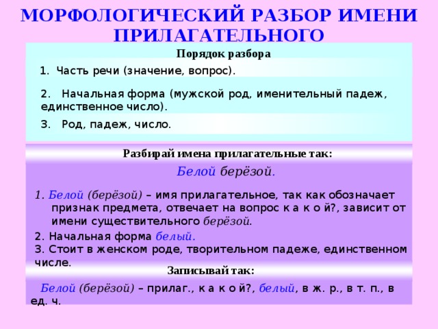 МОРФОЛОГИЧЕСКИЙ РАЗБОР ИМЕНИ ПРИЛАГАТЕЛЬНОГО Порядок разбора Часть речи (значение, вопрос). 2. Начальная форма (мужской род, именительный падеж, единственное число). 3. Род, падеж, число. Разбирай имена прилагательные так: Белой берёзой . 1. Белой (берёзой)  – имя прилагательное, так как обозначает признак предмета, отвечает на вопрос к а к о й?, зависит от имени существительного берёзой .  2. Начальная форма белый. 3. Стоит в женском роде, творительном падеже, единственном числе. Записывай так:  Белой (берёзой)  – прилаг., к а к о й?, белый , в ж. р., в т. п., в ед. ч.  