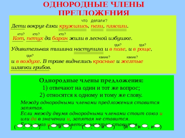 ОДНОРОДНЫЕ ЧЛЕНЫ ПРЕДЛОЖЕНИЯ ( , и ) что делали? Дети вокруг ёлки кружились , пели , плясали . кто? кто? кто? Кот , петух да баран жили в лесной избушке. где? где? Удивительная тишина наступила и в поле , и в роще ,  и в воздухе . В траве виднелись красные и желтые  шляпки грибов. где? какие? какие? Однородные члены предложения: отвечают на один и тот же вопрос; относятся к одному и тому же слову. Между однородными членами предложения ставится запятая. Если между двумя однородными членами стоит союз и или да в значении и , запятая не ставится. Если союз и повторяется, запятая ставится. (и , и , и ) ( и ) ( , , )  