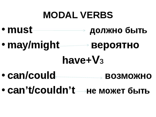 MODAL VERBS must должно быть may/might вероятно  have+ V 3 can/could  возможно can’t/couldn’t  не может быть 