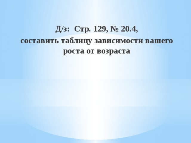 Д/з: Стр. 129, № 20.4, составить таблицу зависимости вашего роста от возраста