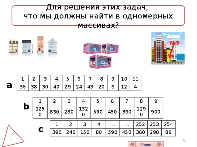 Цель Для решения этих задач, что мы должны найти в одномерных массивах? № 5 1 36 2 38 3 30 4 40 5 29 6 24 7 43 8 9 20 6 10 11 12 4 a 1 1250 2 830 3 280 4 1320 5 590 6 450 7 8 360 9 1290 900 b 1 390 2 240 3 150 4 80 … 590 … 450 252 360 253 254 290 86 c  Меню  