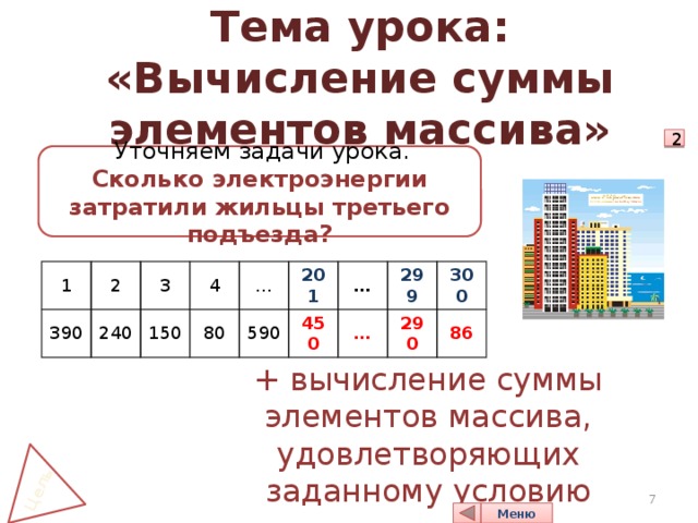 Цель Тема урока: «Вычисление суммы элементов массива» 2  Уточняем задачи урока. Сколько электроэнергии затратили жильцы третьего подъезда? 1 390 2 3 240 150 4 … 80 590 201 450 … 299 … 300 290 86 + вычисление суммы элементов массива, удовлетворяющих заданному условию  Меню 