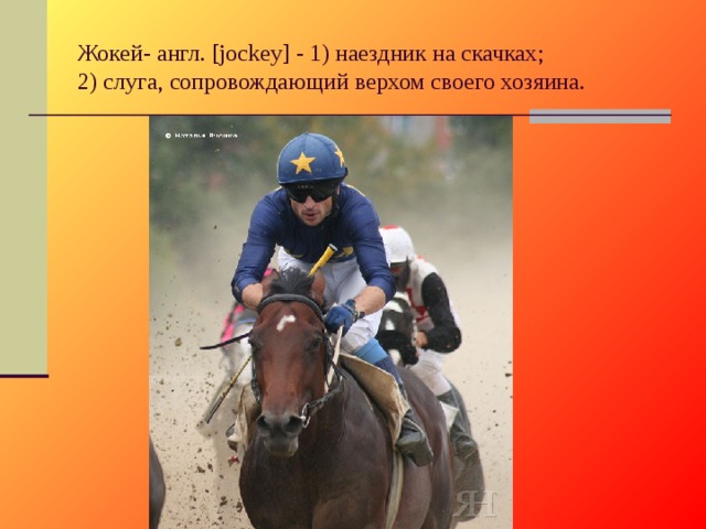 Жокей- англ. [jockey] - 1) наездник на скачках;  2) слуга, сопровождающий верхом своего хозяина.