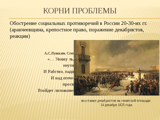 Корни проблемы Обострение социальных противоречий в России 20-30-их гг. (аракчеевщина, крепостное право, поражение декабристов, реакции) А.С.Пушкин. Стихотворение «Деревня» «… Увижу ль, о друзья! Народ неугнетенный И Рабство, падшее по манию царя, И над отечеством Свободы просвещенной Взойдет ли наконец прекрасная Заря?...» восстание декабристов на сенатской площади 14 декабря 1825 года 