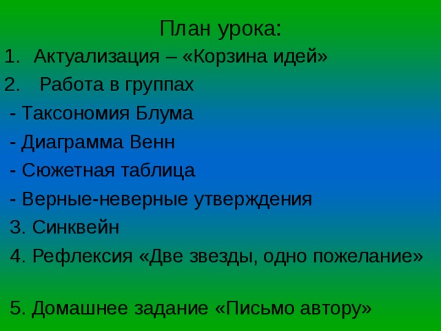 План урока: Актуализация – «Корзина идей»  Работа в группах  - Таксономия Блума  - Диаграмма Венн  - Сюжетная таблица  - Верные-неверные утверждения  3. Синквейн  4. Рефлексия «Две звезды, одно пожелание»  5. Домашнее задание «Письмо автору» 