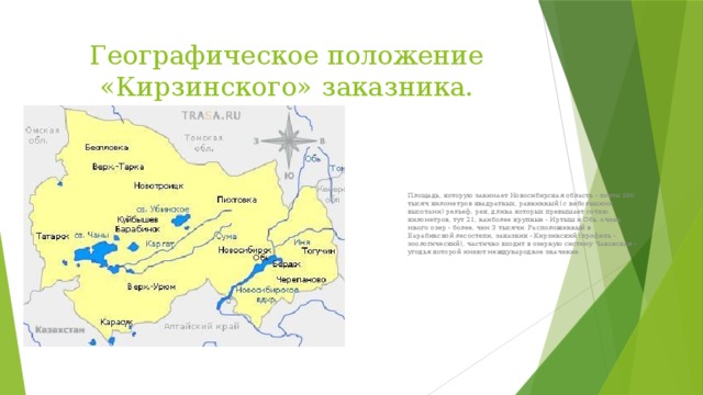Географическое положение  «Кирзинского» заказника. Площадь, которую занимает Новосибирская область - почти 180 тысяч километров квадратных, равнинный (с небольшими высотами) рельеф, рек, длина которых превышает сотню километров, тут 21, наиболее крупные - Иртыш и Обь, очень много озер - более, чем 3 тысячи. Расположенный в Барабинской лесостепи, заказник - Кирзинский (профиль - зоологический), частично входит в озерную систему Чановская - угодья которой имеют международное значение. 