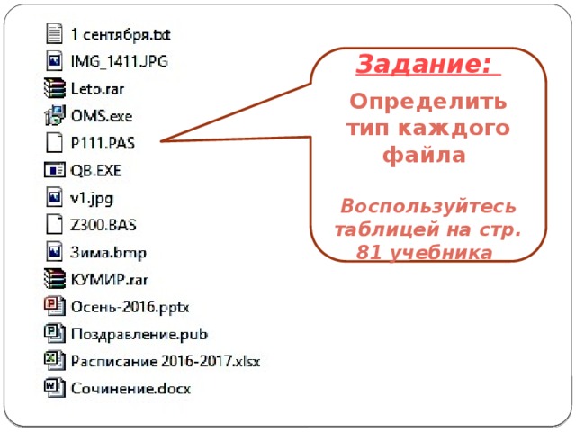 Задание:  Определить тип каждого файла  Воспользуйтесь таблицей на стр. 81 учебника