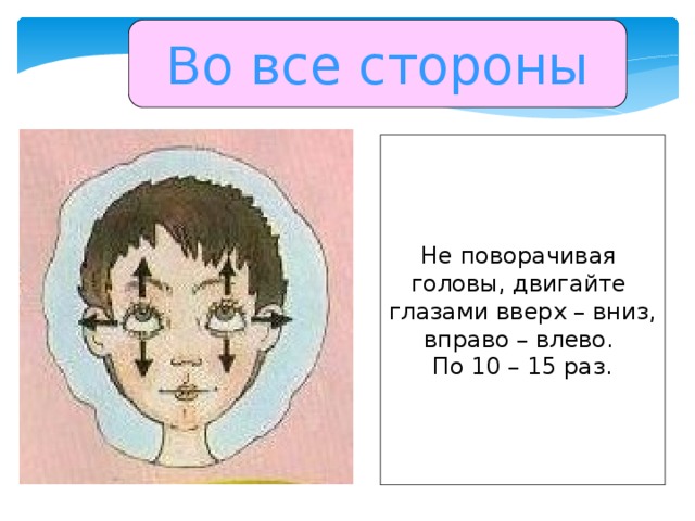 Во все стороны Не поворачивая головы, двигайте глазами вверх – вниз, вправо – влево. По 10 – 15 раз.