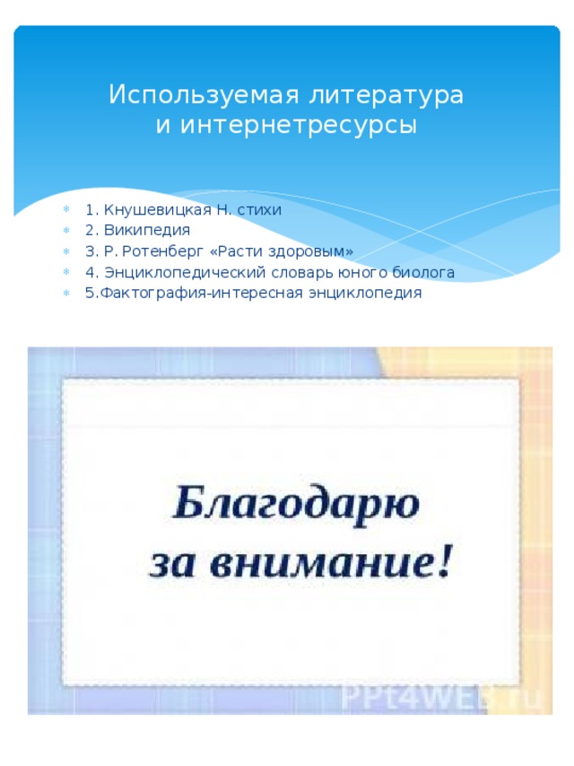 Используемая литература  и интернетресурсы 1. Кнушевицкая Н. стихи 2. Википедия 3. Р. Ротенберг «Расти здоровым» 4. Энциклопедический словарь юного биолога 5.Фактография-интересная энциклопедия 